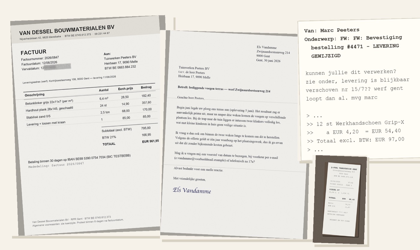 De vier binnenkomende documenten: gescande factuur, bonnetjesfoto, doorgestuurde mail en klachtenbrief